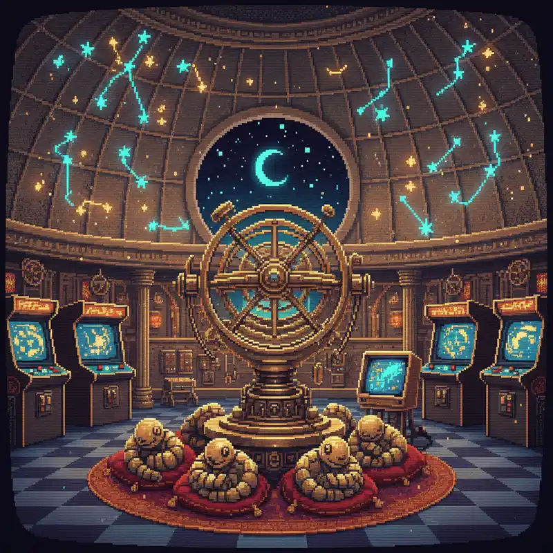 Moonlit observatory with slumbering brass robots beneath a star projector