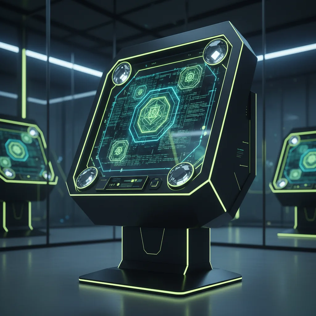 Futuristic inspection terminal with glowing contract bytecode matrices