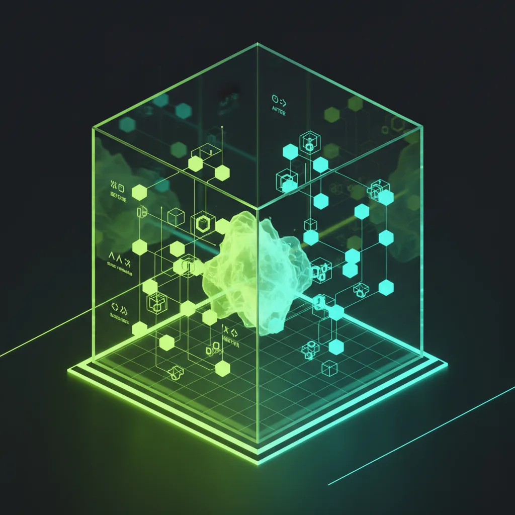 State diff visualization with glowing data layers and state changes