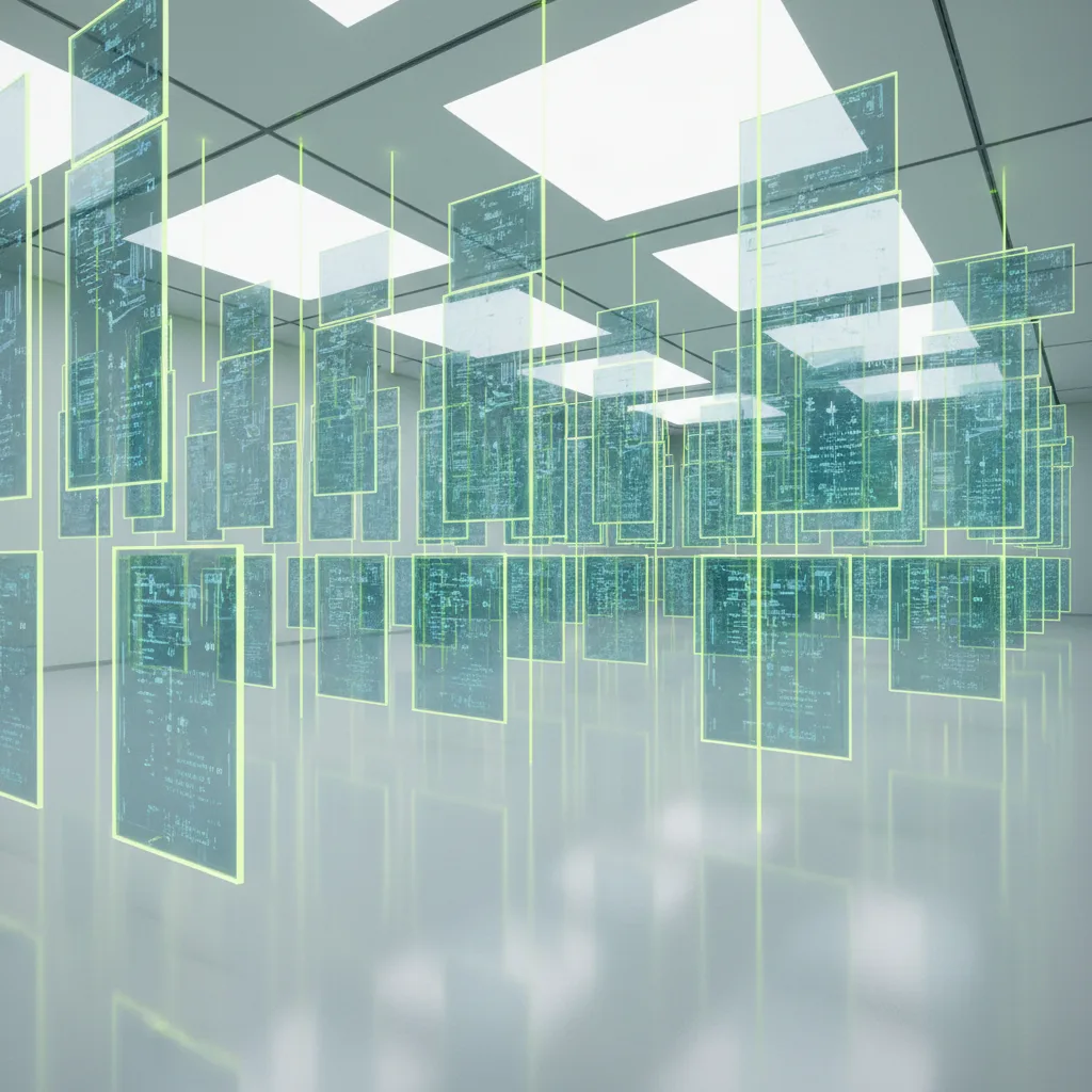 Holographic call receipt grid gallery in minimalist techno space