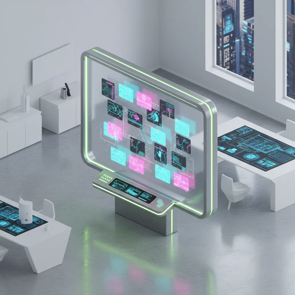 Holographic notice board terminal in a bright creative studio